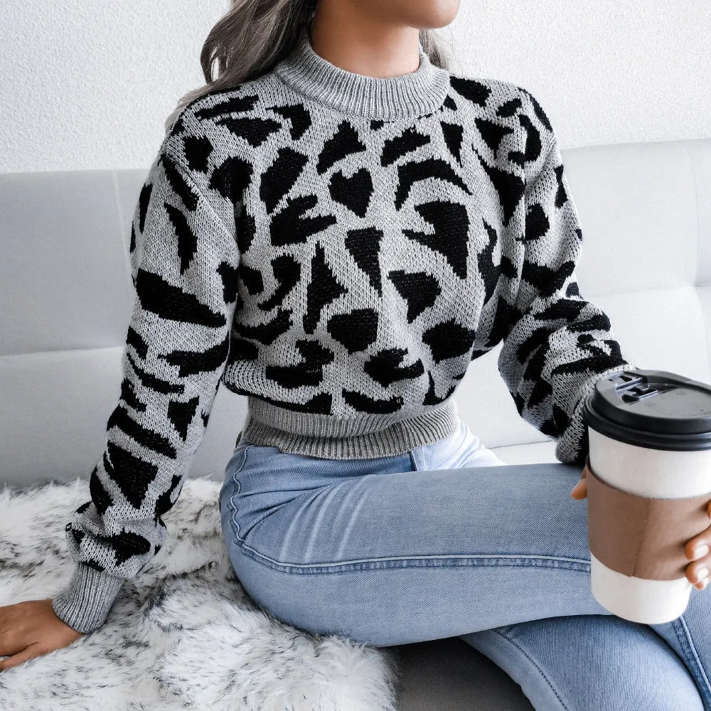 Leopard Print Waist Knit Mock Neck Lady Sweater