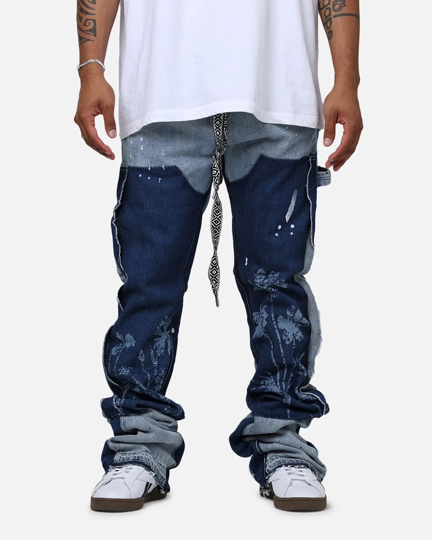 Lifted Anchors "Venus" Floral Stacked Denim Jeans Blue Wash