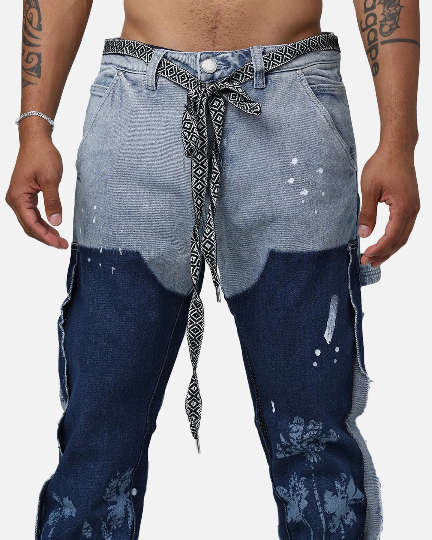 Lifted Anchors "Venus" Floral Stacked Denim Jeans Blue Wash