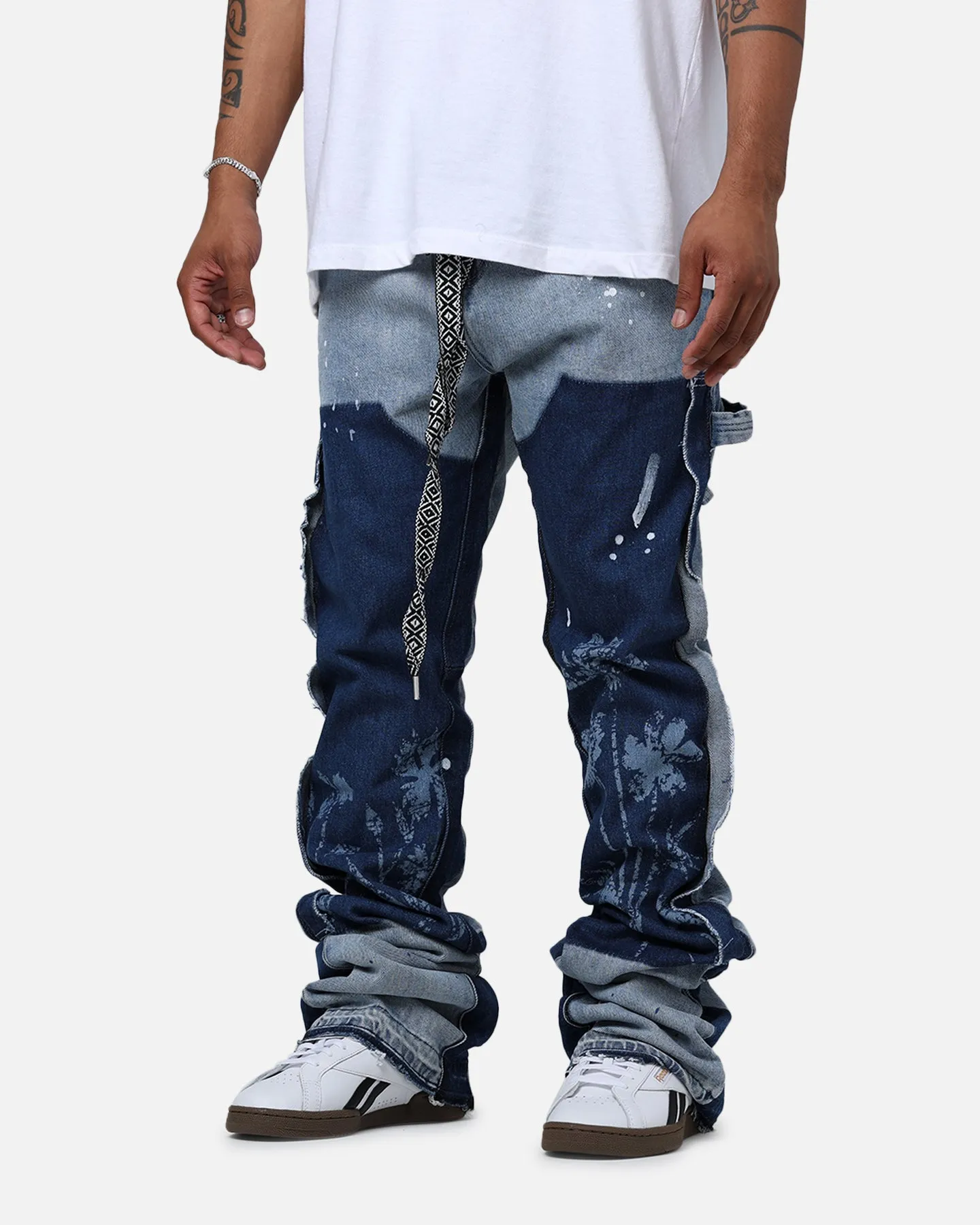 Lifted Anchors "Venus" Floral Stacked Denim Jeans Blue Wash