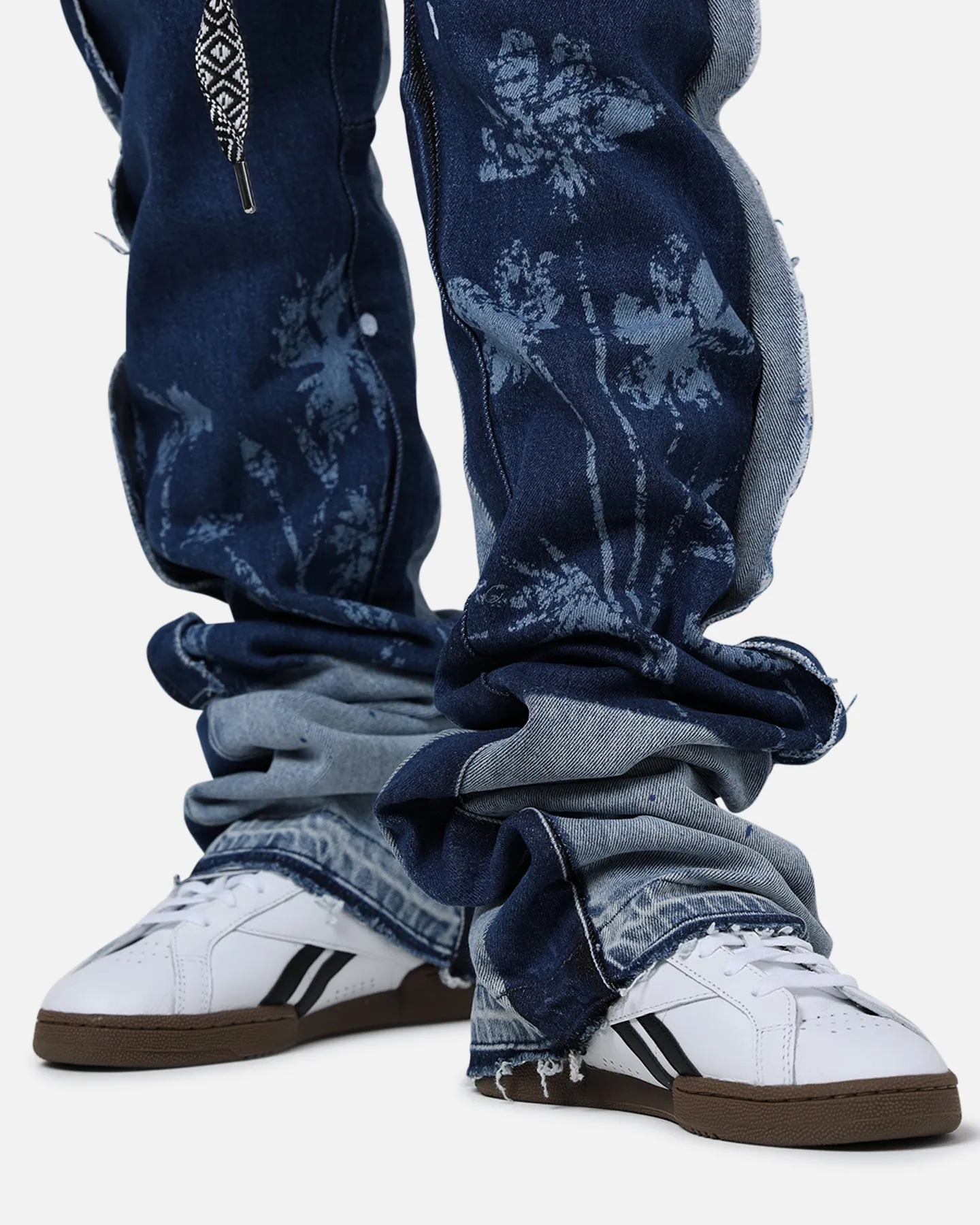 Lifted Anchors "Venus" Floral Stacked Denim Jeans Blue Wash