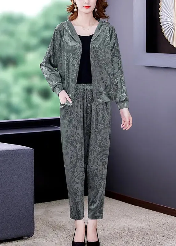 Loose Grey Print Silk Velour Coats And Harem Pants Two Pieces Set Fall ML0923