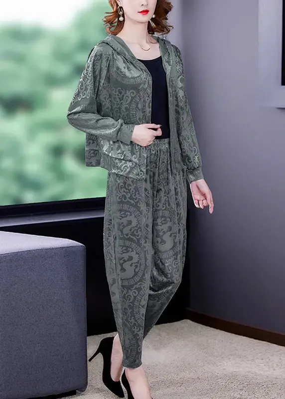 Loose Grey Print Silk Velour Coats And Harem Pants Two Pieces Set Fall ML0923