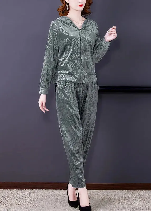 Loose Grey Print Silk Velour Coats And Harem Pants Two Pieces Set Fall ML0923