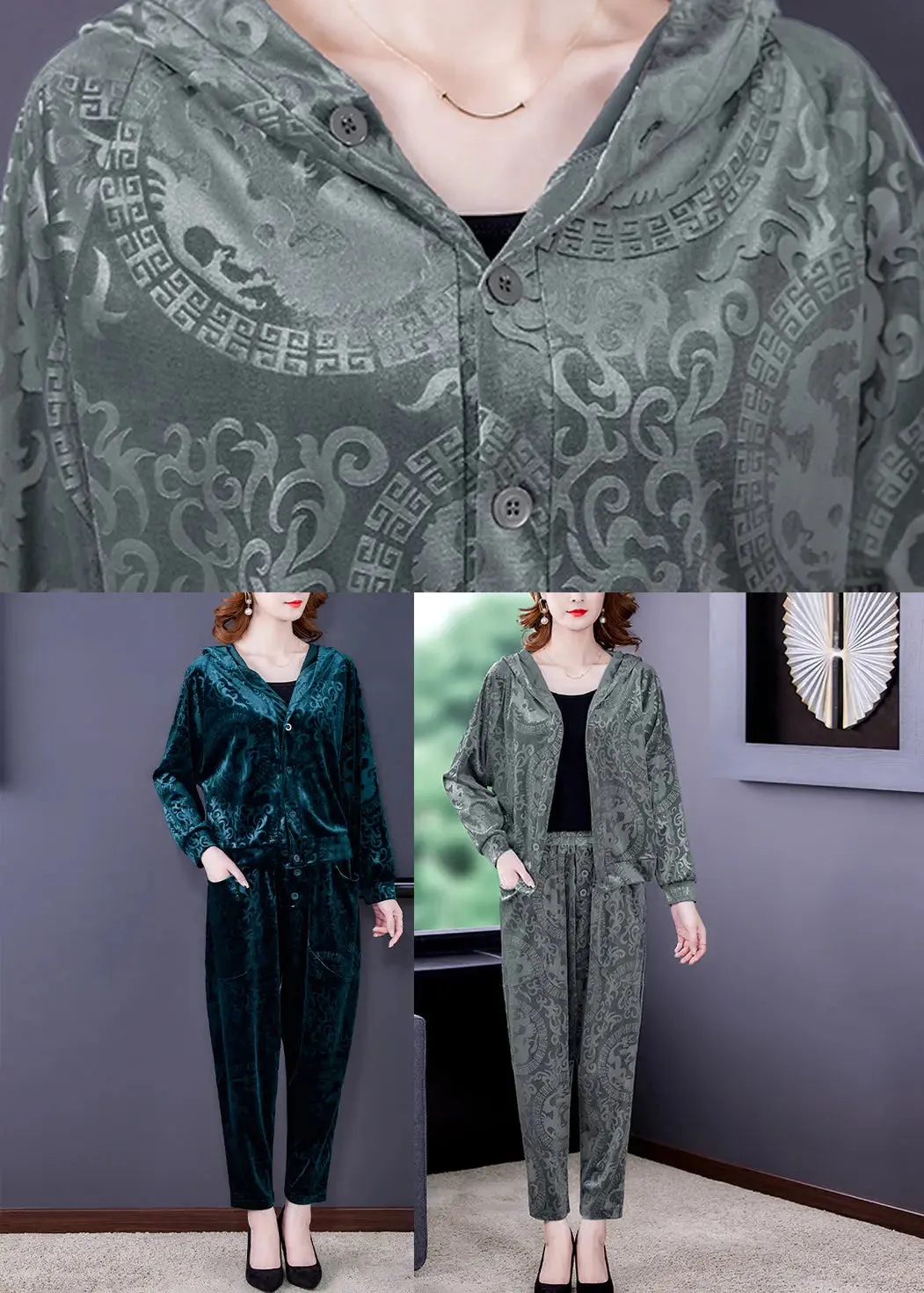 Loose Grey Print Silk Velour Coats And Harem Pants Two Pieces Set Fall ML0923