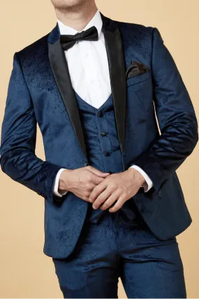 MARC DARCY Simon Velvet Tux Lapel Jacquard Blazer - Slim Fit Tuxedo Jacket - Navy