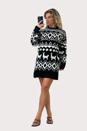 Monochrome Festive Pattern Knitted Dress