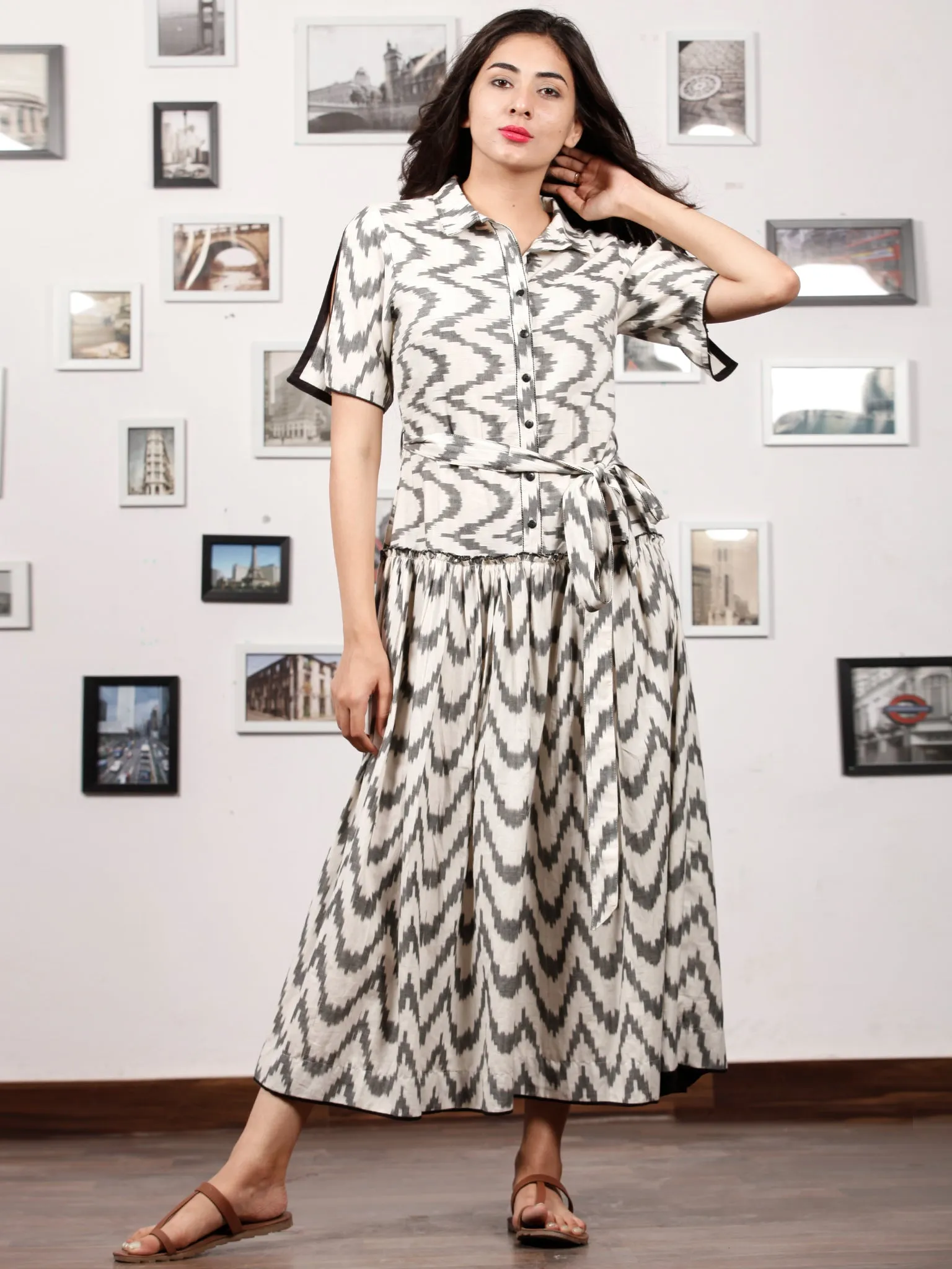 MONOCHROME PLAY - Handwoven Ikat Midi Dress - D324F1452