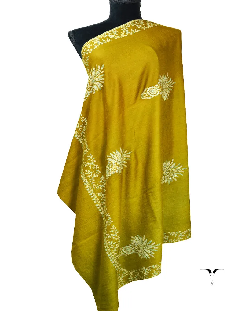 ochre and canary yellow shaded booti embroidery pashmina shawl 8425