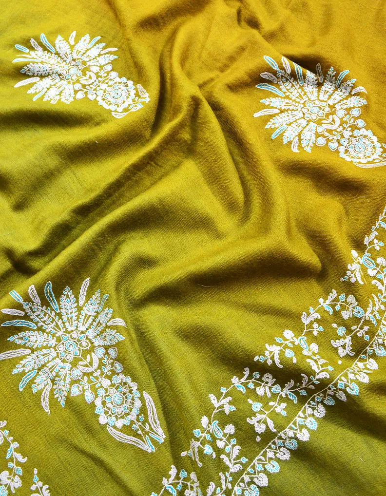 ochre and canary yellow shaded booti embroidery pashmina shawl 8425