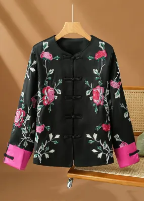 Original Design Black Embroidered Button Silk Coats Fall QG022