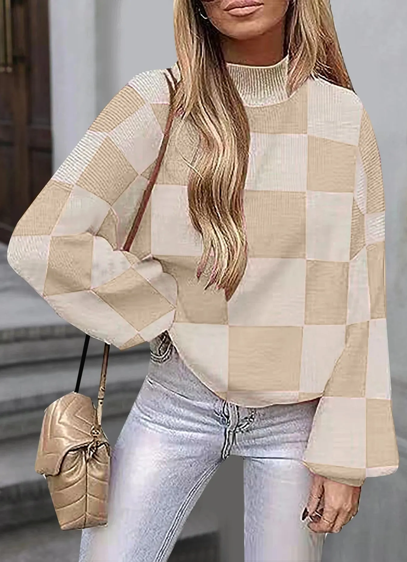 Oversized Checkerboard Sweater High Neck Jumper