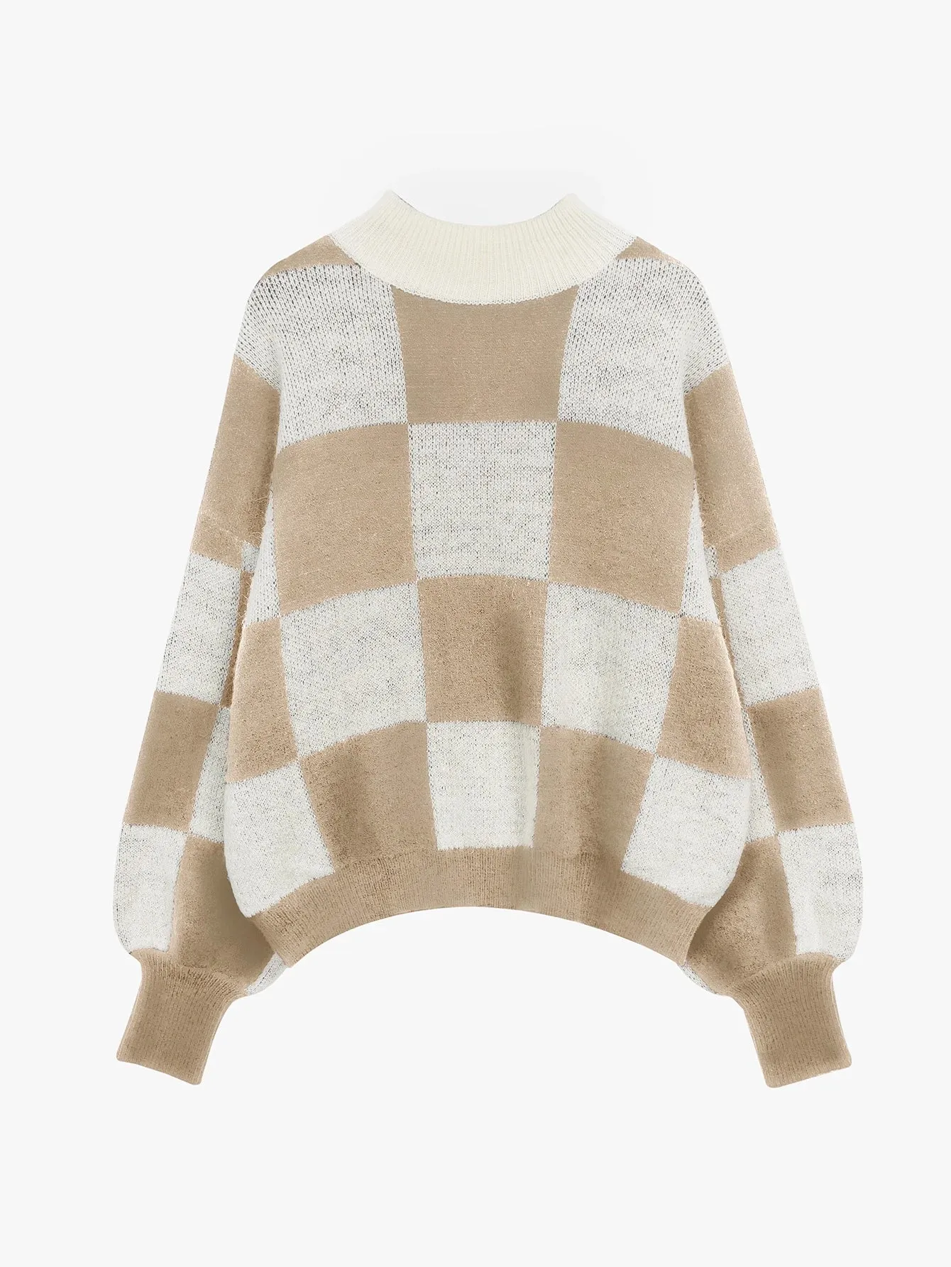 Oversized Checkerboard Sweater High Neck Jumper