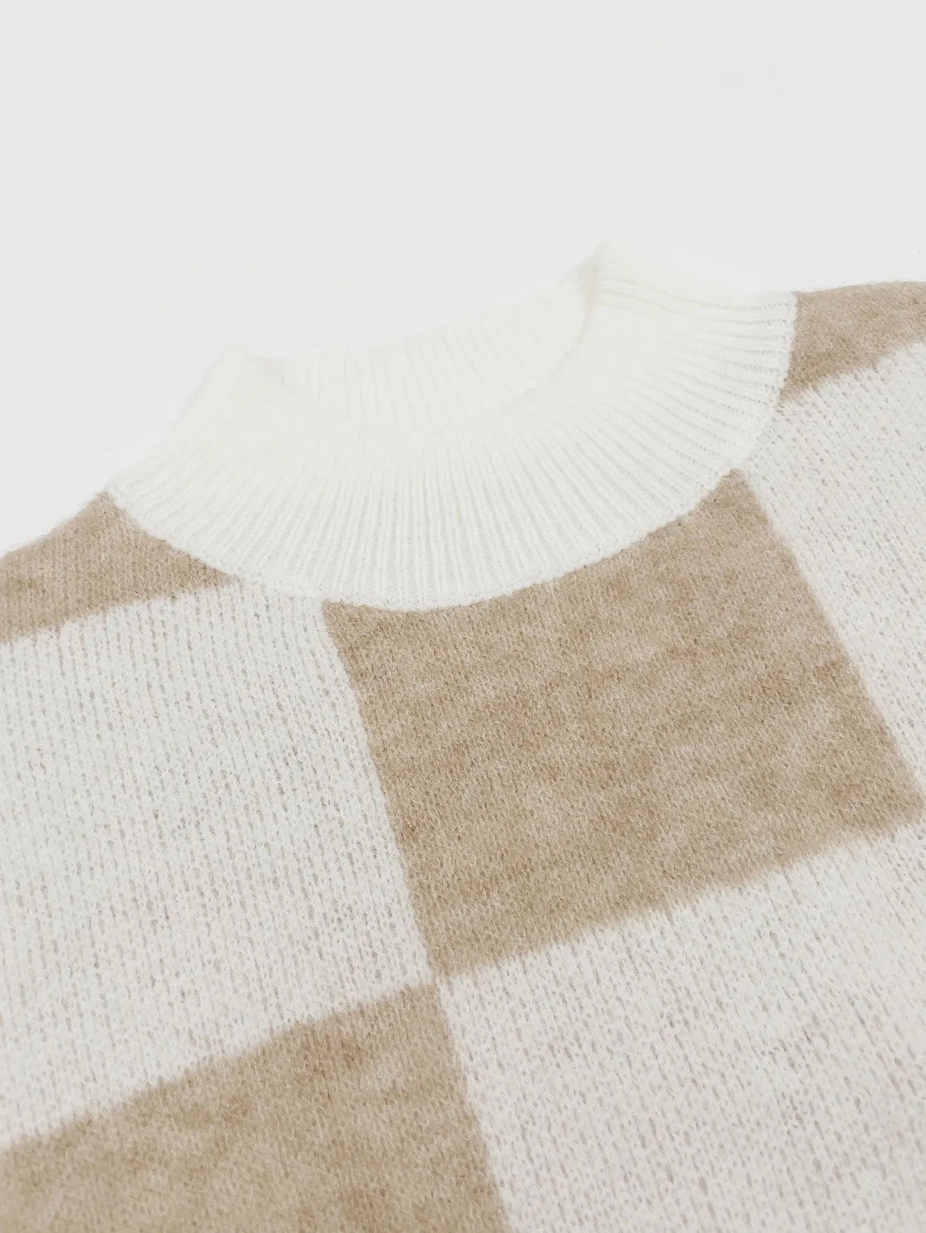 Oversized Checkerboard Sweater High Neck Jumper