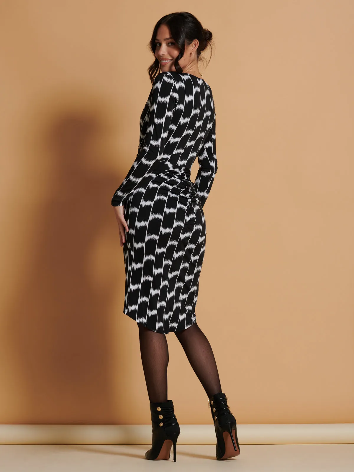 Phebe Print Ruched Jersey Dress, Black Geo