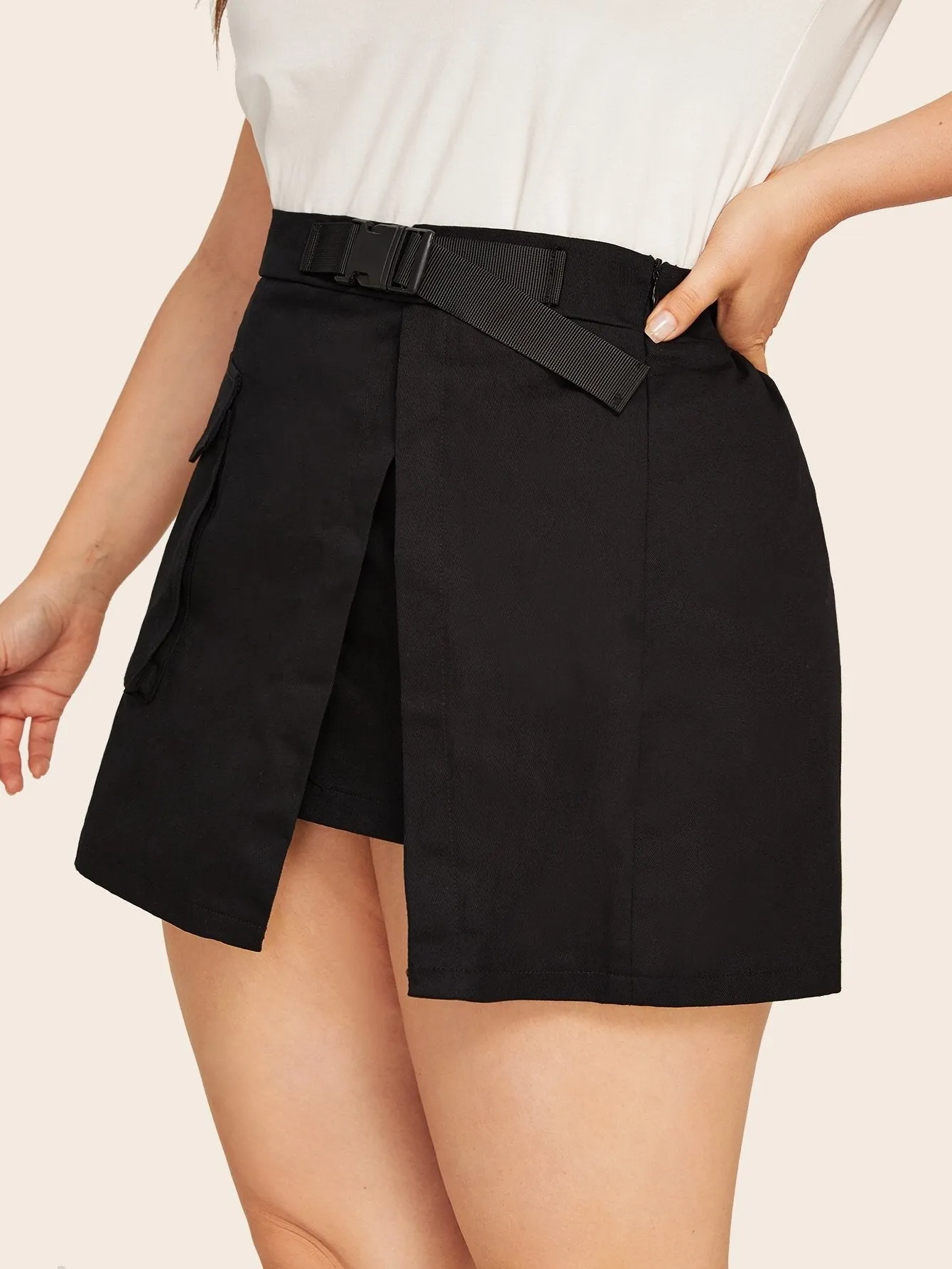 Plus Buckle Detail Pocket Asymmetrical Hem Skirt