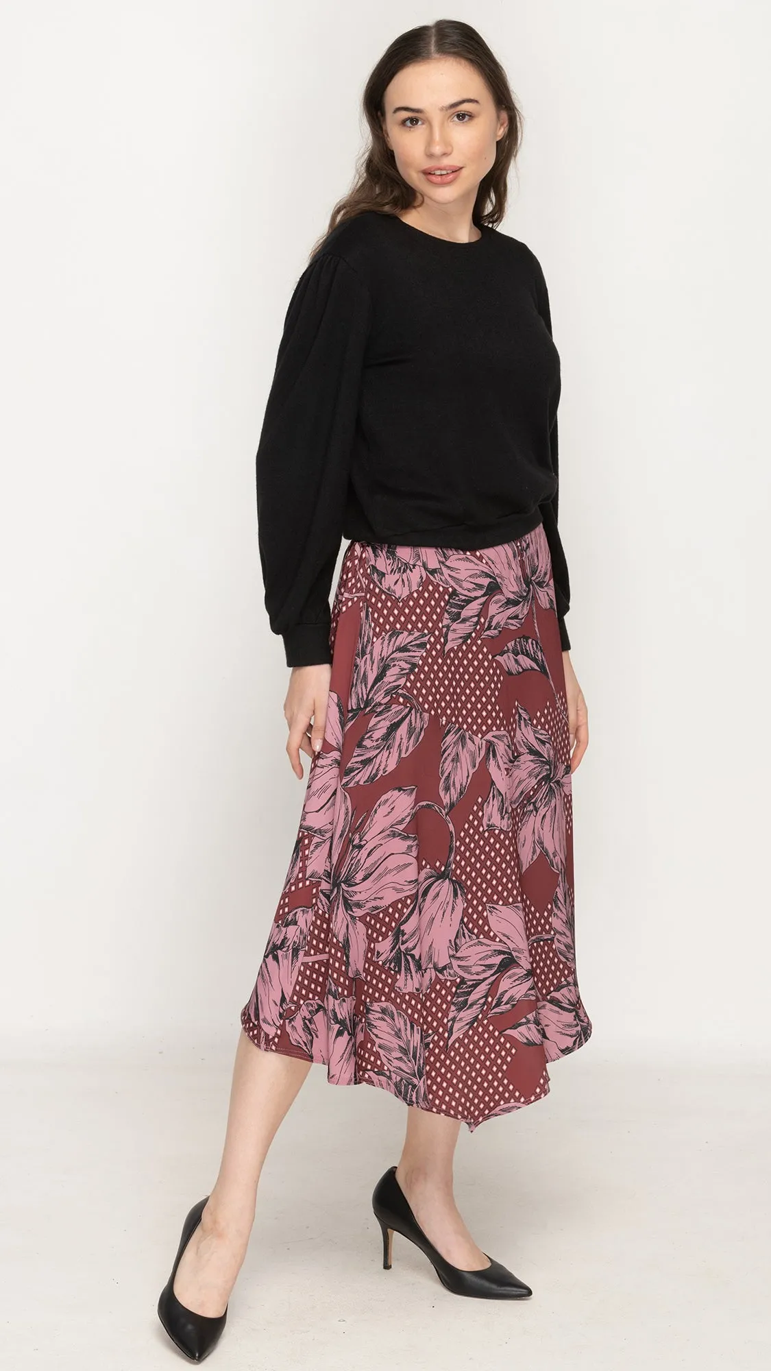 Satin Asymmetrical Skirt - Purple Floral