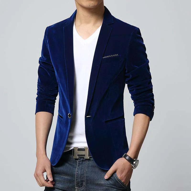 Single Button Slim Fit Velvet Blazer