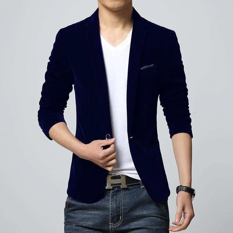 Single Button Slim Fit Velvet Blazer