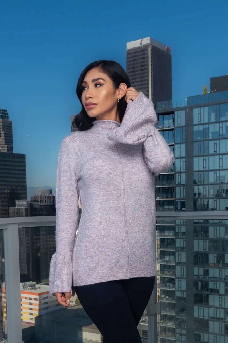 Soft High Neck Sweater with Ribbed Bell Cuffs (FS184267)