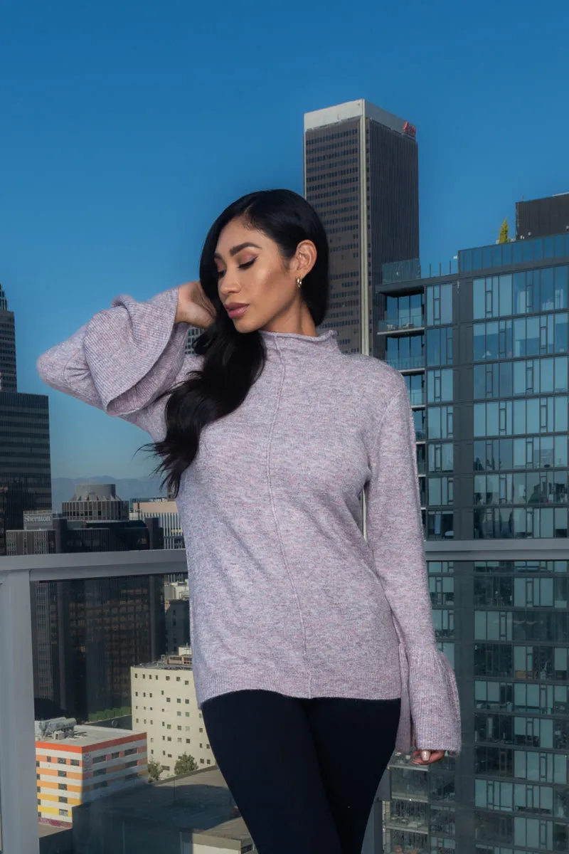 Soft High Neck Sweater with Ribbed Bell Cuffs (FS184267)