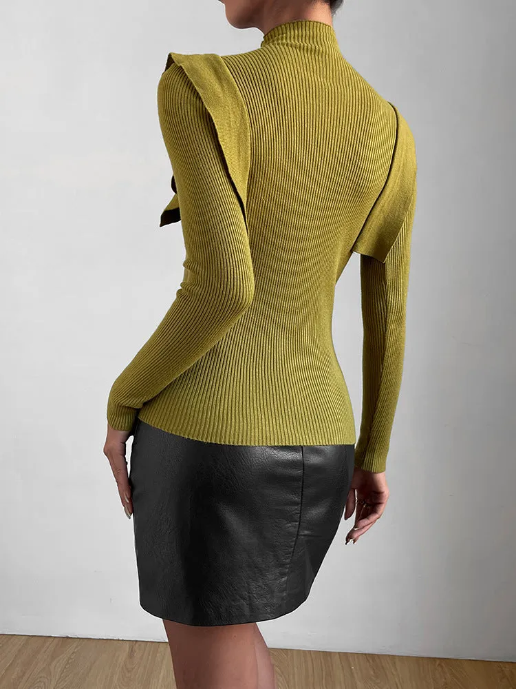 Solid Ruffle Button High Neck Slim Sweater