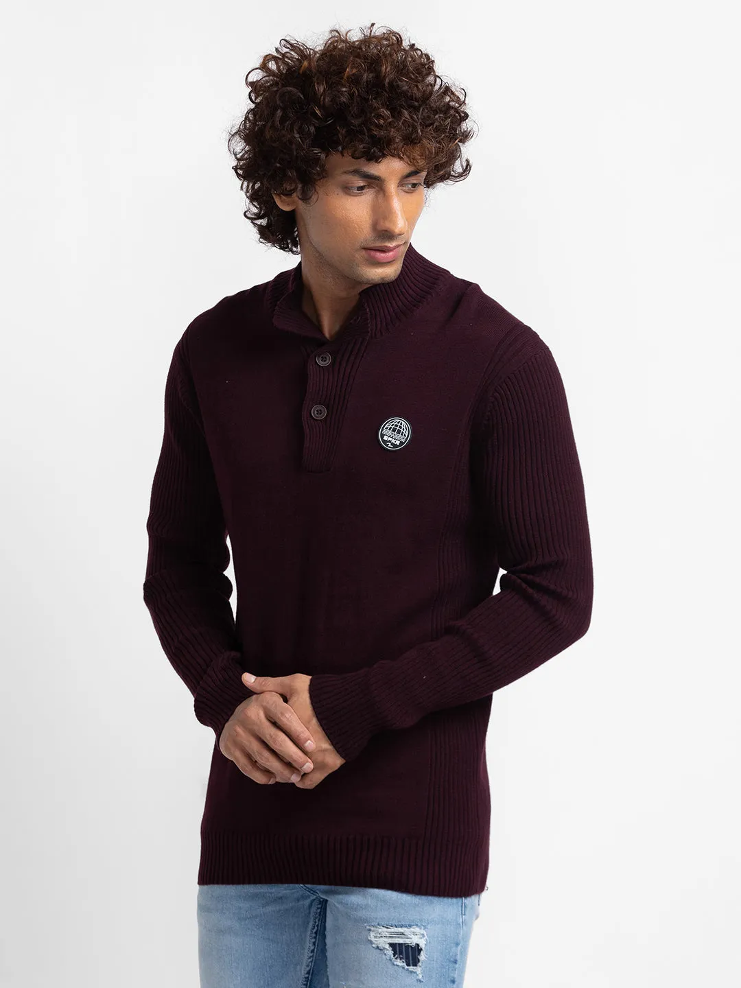 Spykar Wine Cotton Full Sleeve Casual Sweater For Men