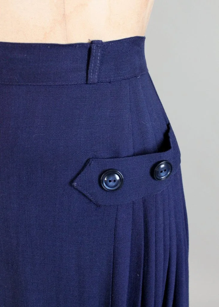 Vintage 1950s Navy Asymmetrical Pleat Skirt