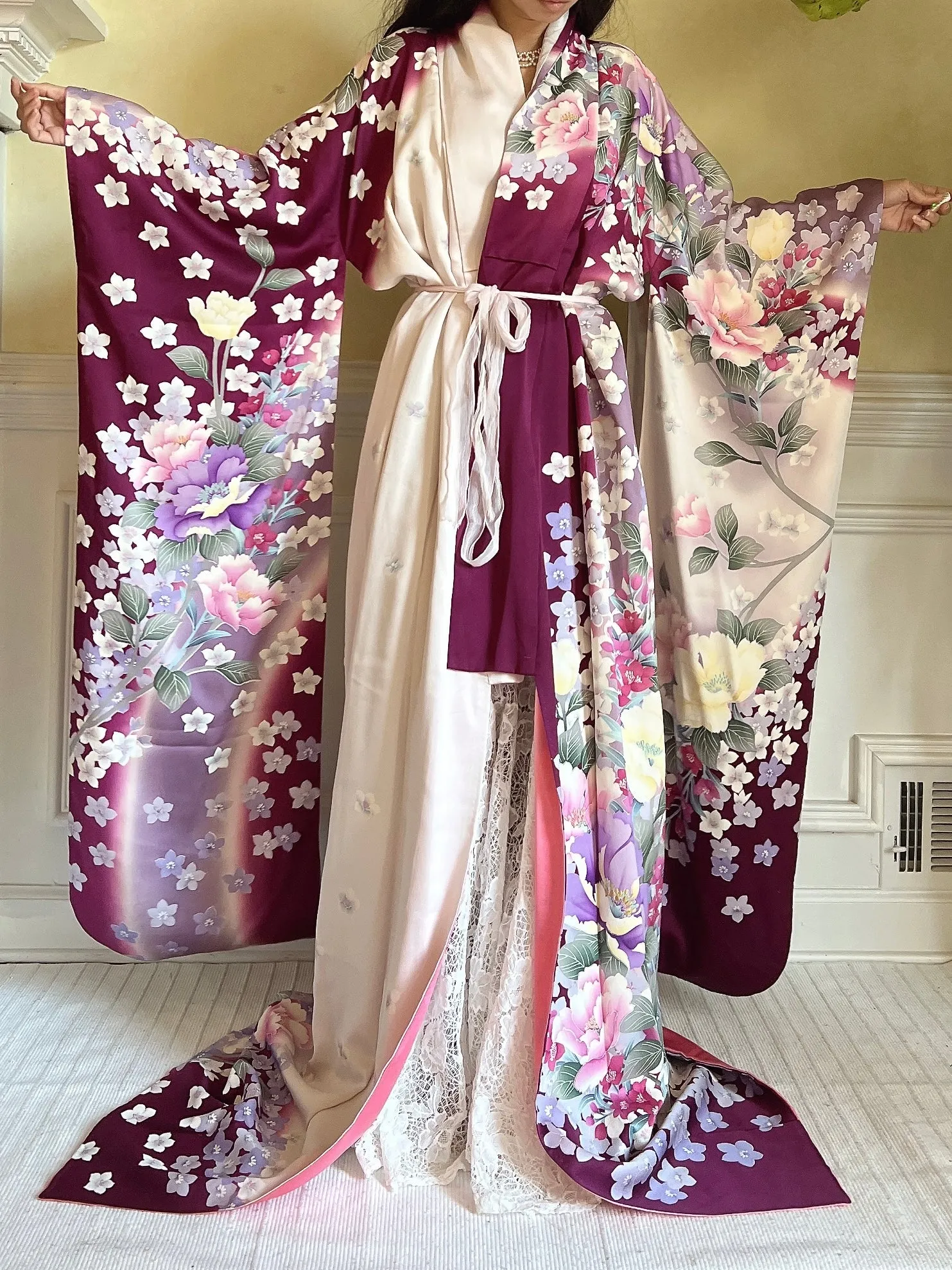 Vintage Silk Purple Floral Kimono - OSFM