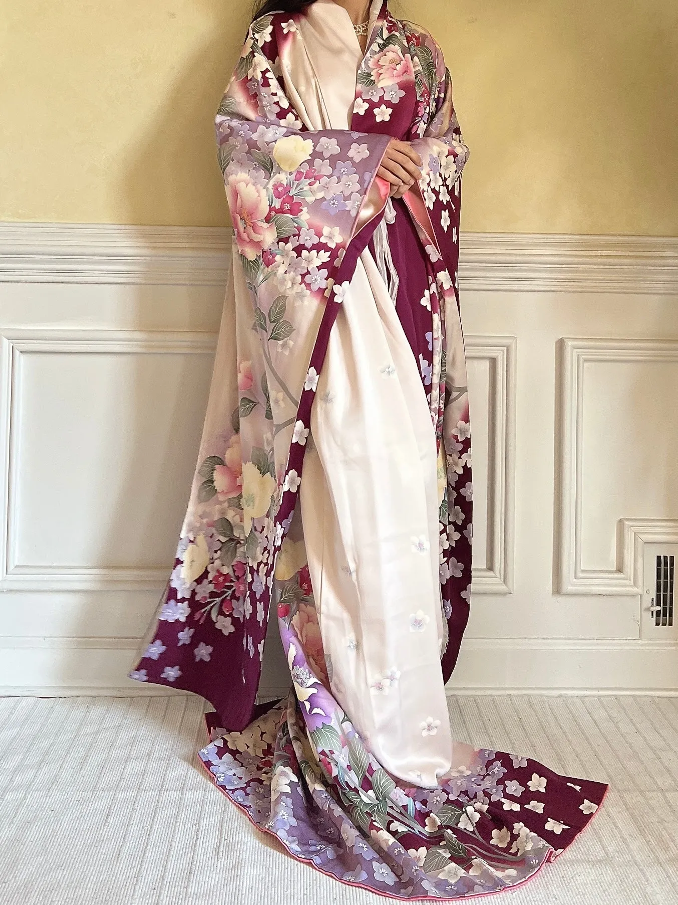 Vintage Silk Purple Floral Kimono - OSFM