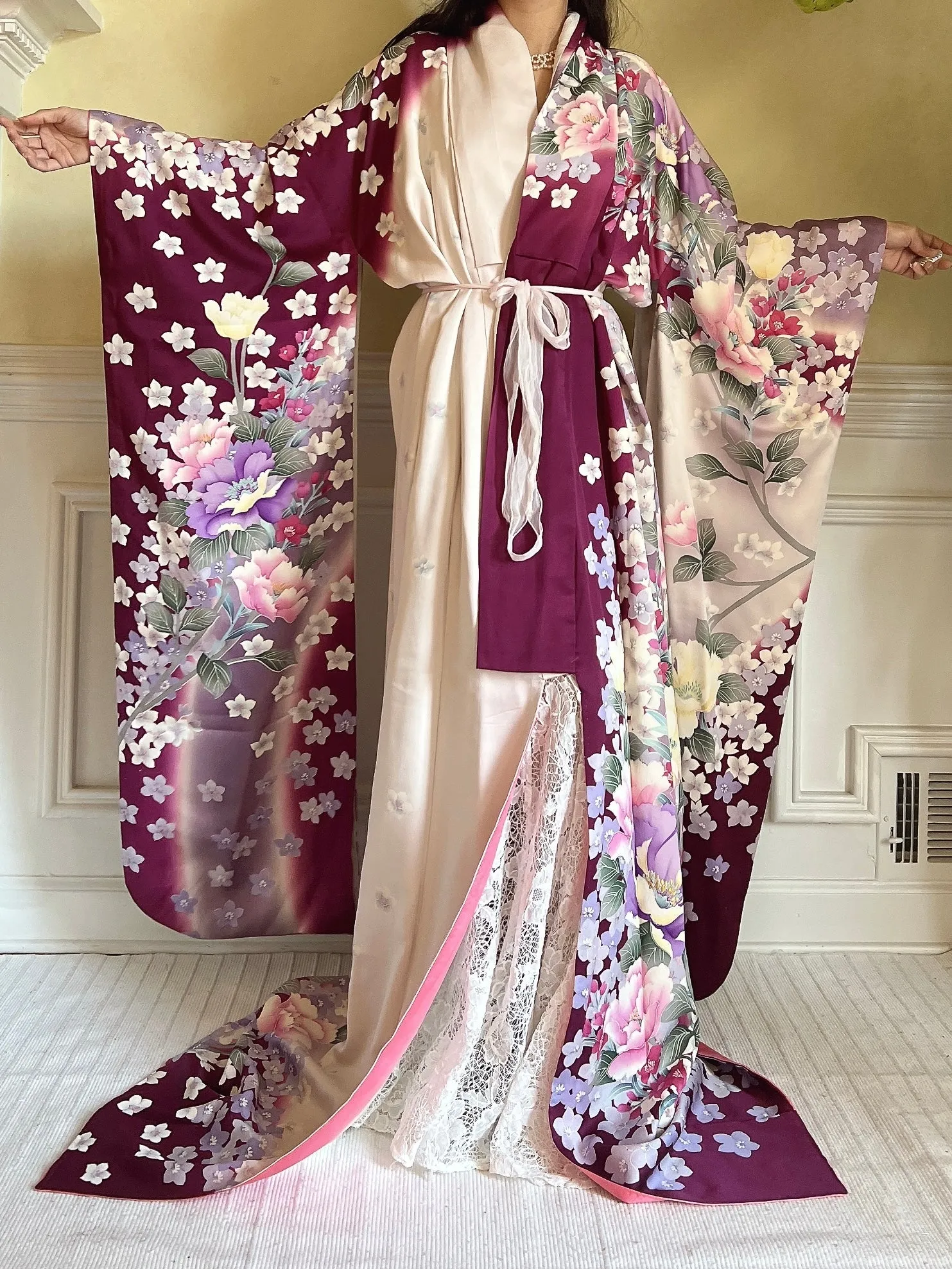 Vintage Silk Purple Floral Kimono - OSFM