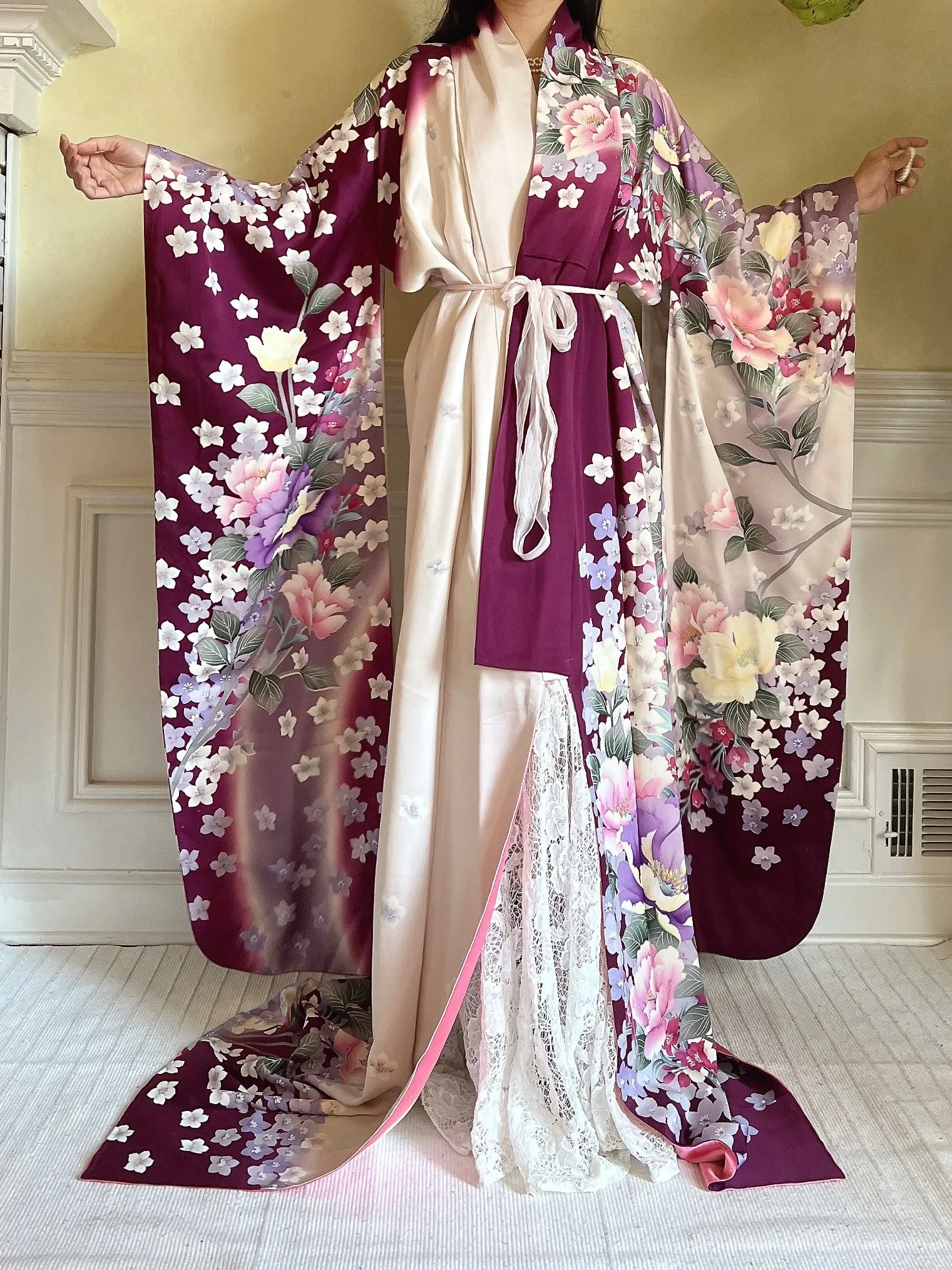 Vintage Silk Purple Floral Kimono - OSFM