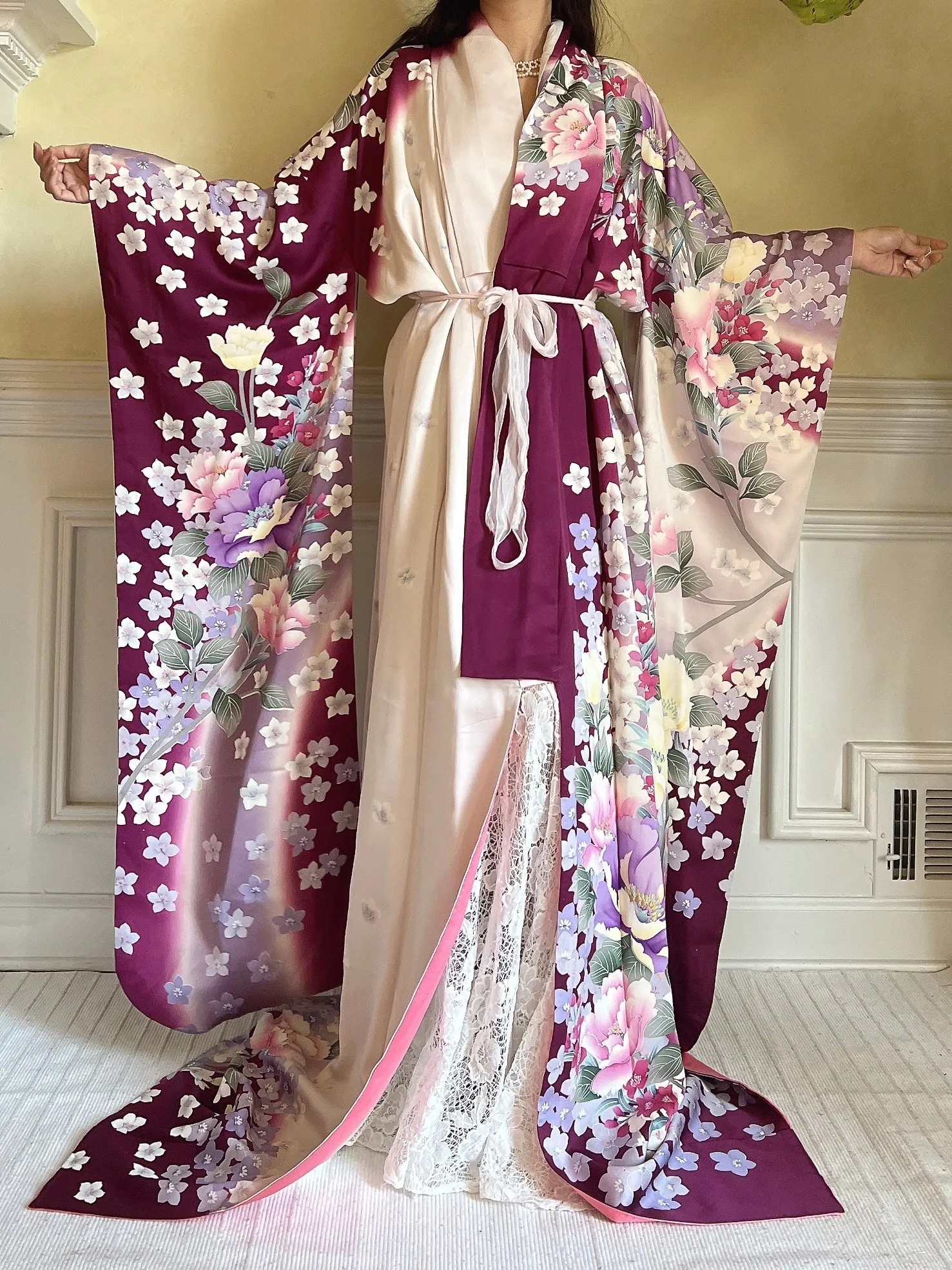 Vintage Silk Purple Floral Kimono - OSFM