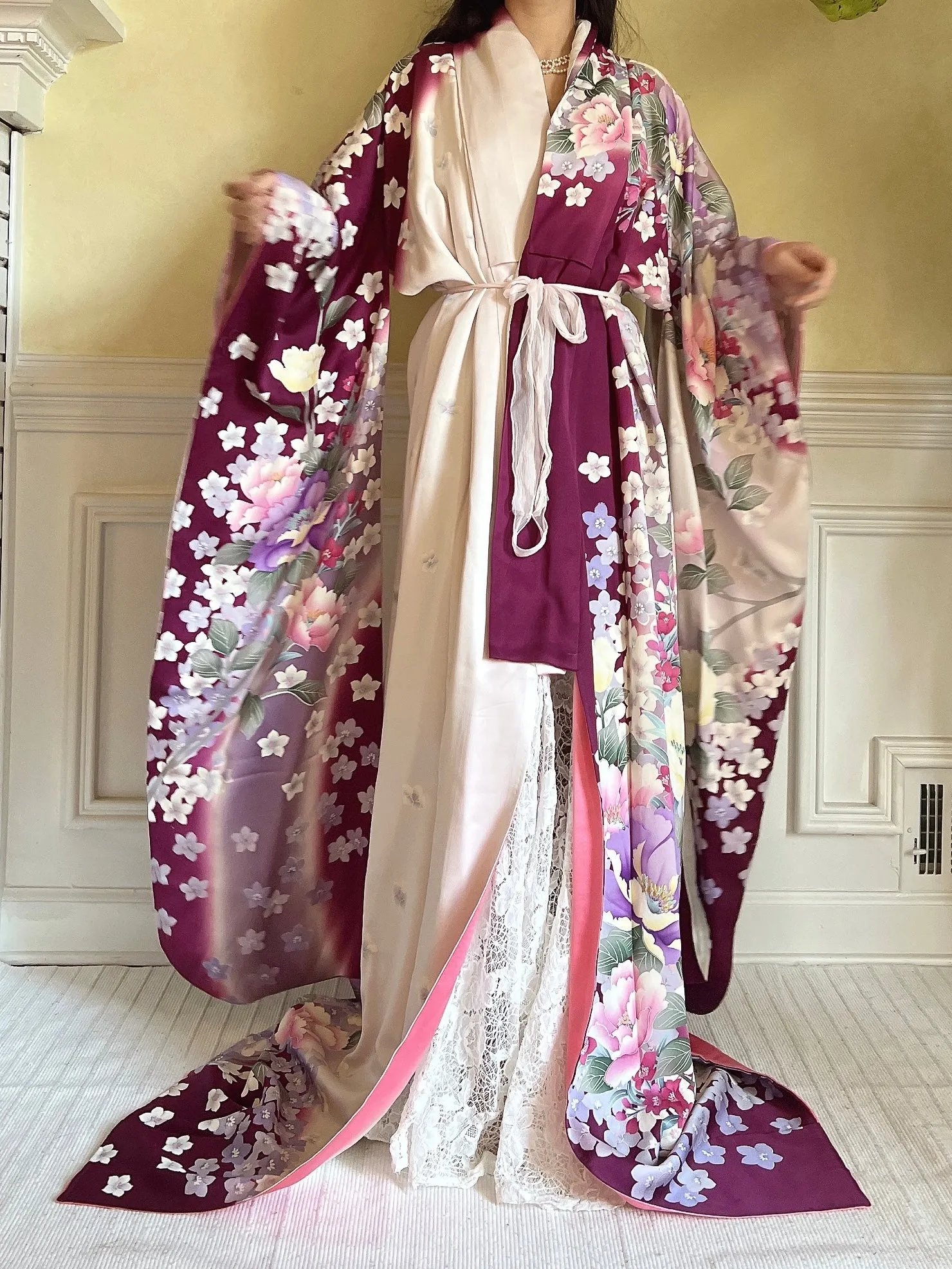 Vintage Silk Purple Floral Kimono - OSFM