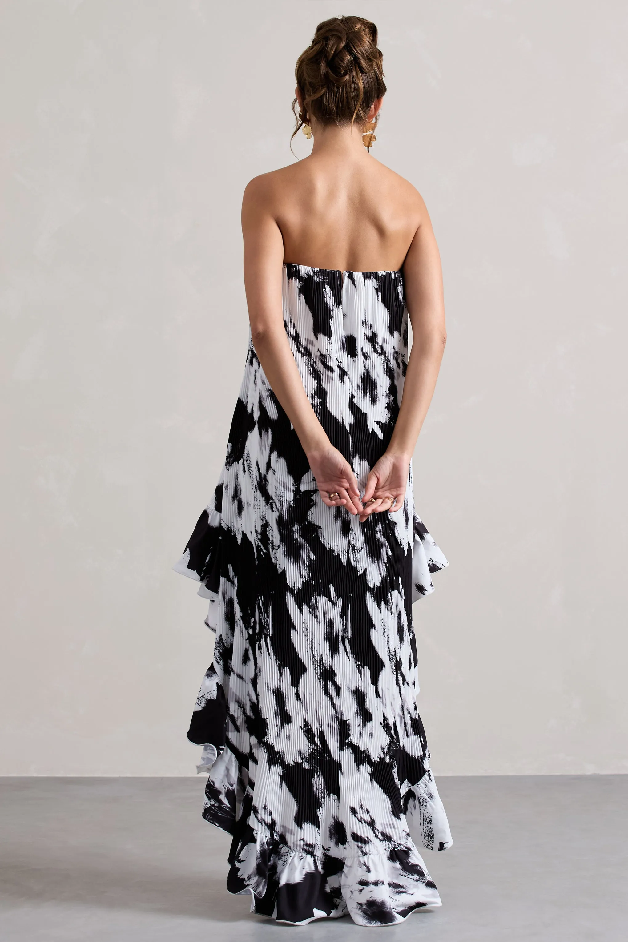 Whistler | Monochrome Floral Chiffon Bandeau High-Low Ruffled Maxi Dress